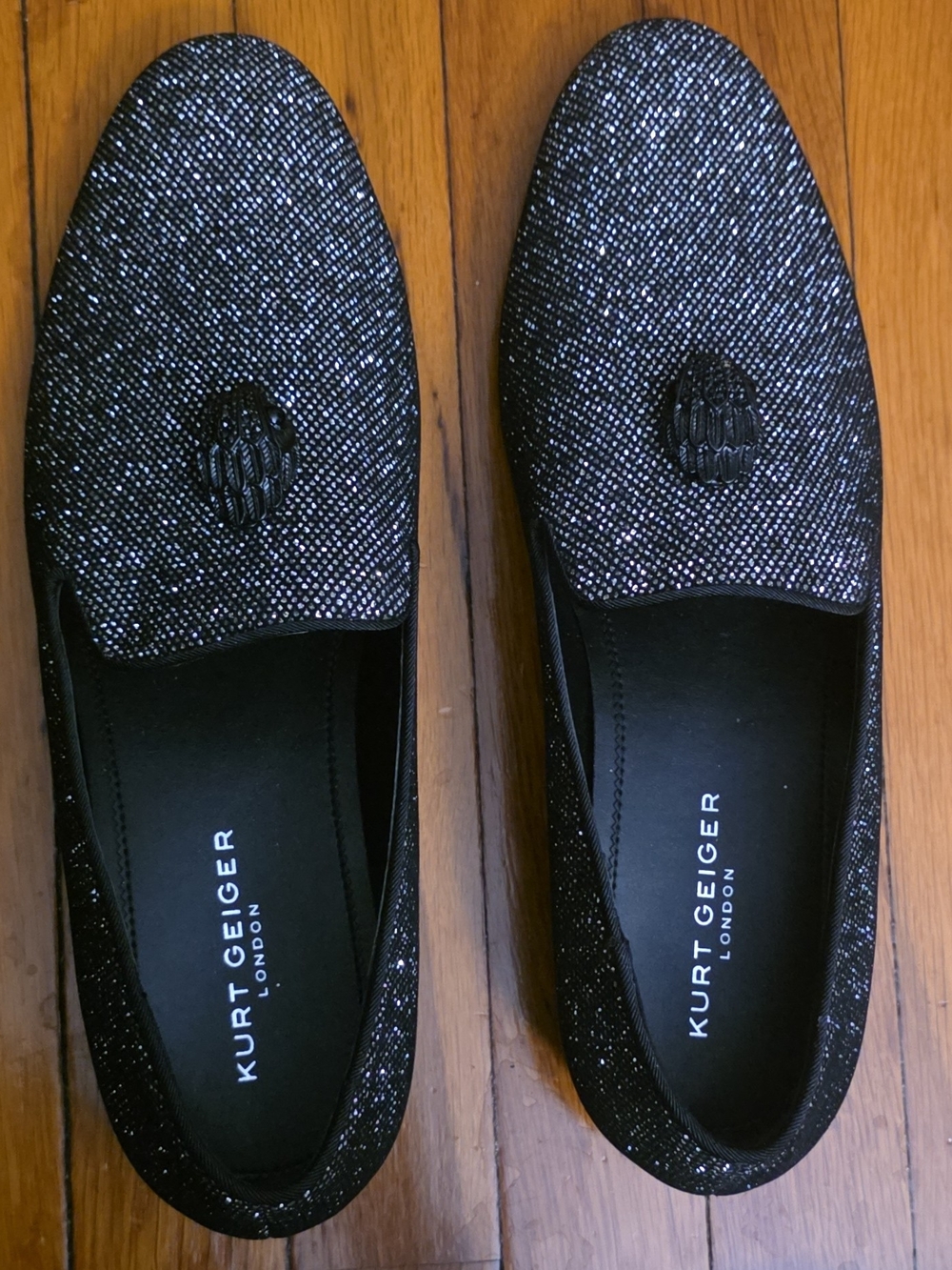 Kurt Geiger Black Sparkle Slip-On Loafers New Without Box